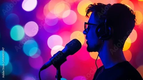 Singing Performer, Studio Recording Session, Colorful Lights