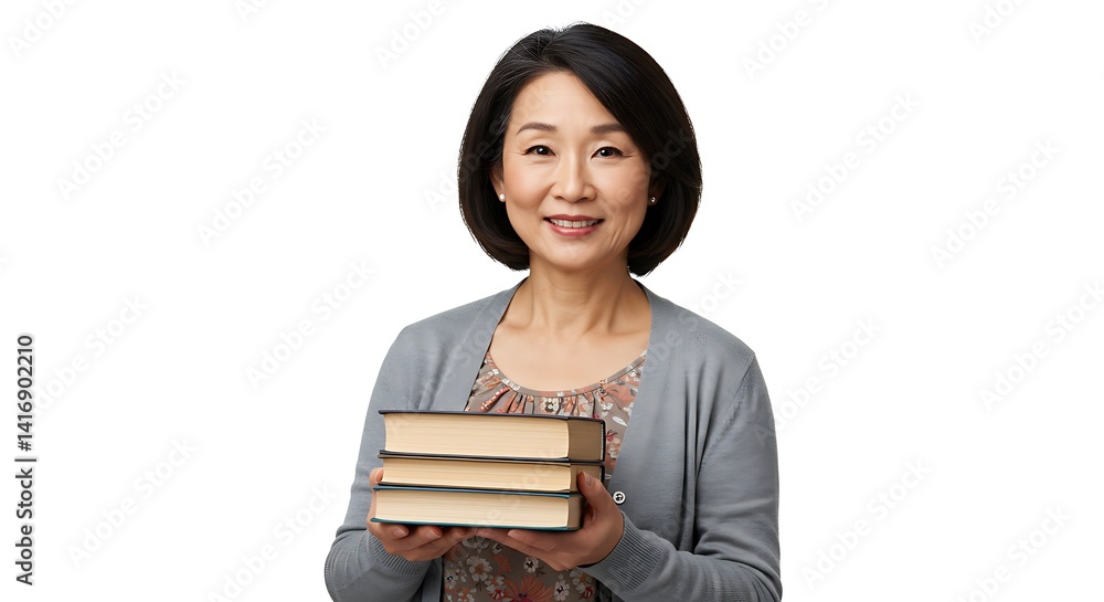 Smiling Asian Woman Holds Stack of Books on White Background, Showing Knowledge and Education in a Studio Portrait Smiling Asian Woman Holds Stack of Books on White Background, Showing Knowledge and Education in a Studio Portrait