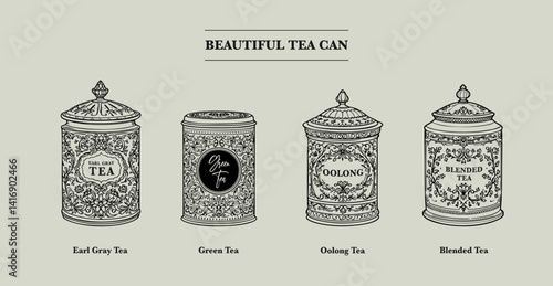 Elegant tea can designs featuring Earl Grey, Green, Oolong, and Blended Tea. Perfect for packaging or decor.