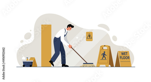 Male janitor cleaning floor in office setting with wet floor signs minimal flat vector illustration