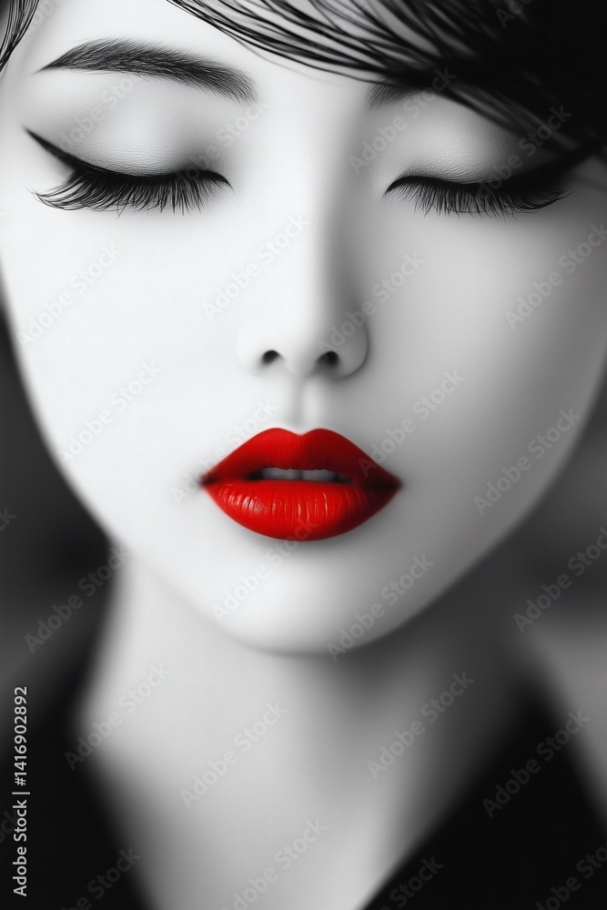 Naklejka premium Serene expression with red lips and closed eyes, suitable for beauty, calm, and meditative themes