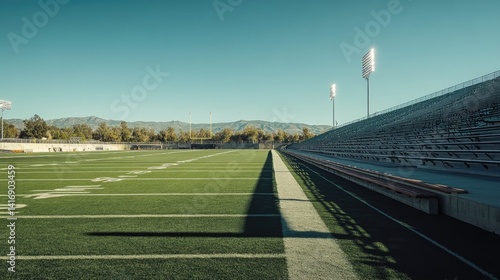 American football field bathed in warm sunlight under a pristine blue sky