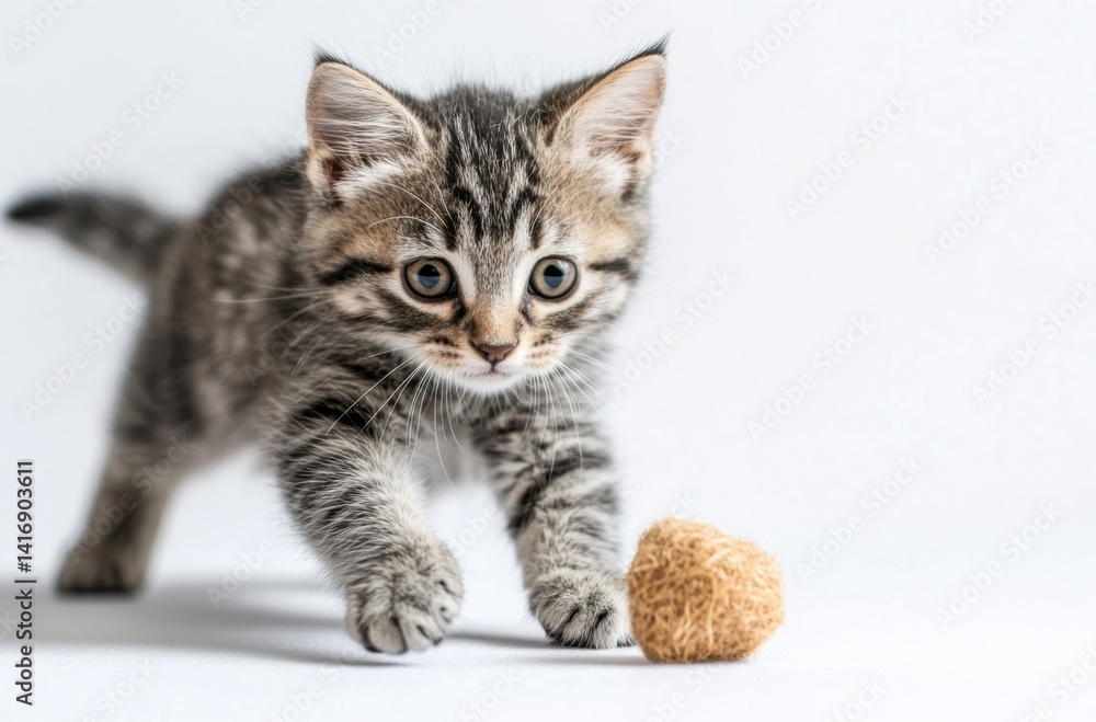 A playful gray tabby kitten pouncing on a toy, with A playful gray tabby kitten pouncing on a toy, with