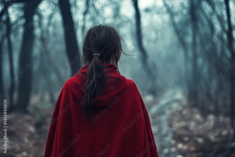 Female in red coat walking through misty forest pathway Female in red coat walking through misty forest pathway
