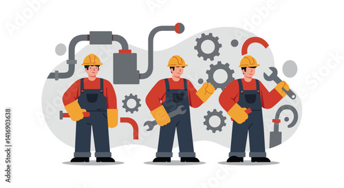 Three male plumbers in orange shirts and blue overalls holding tools with industrial pipes and gears background flat design vector illustration