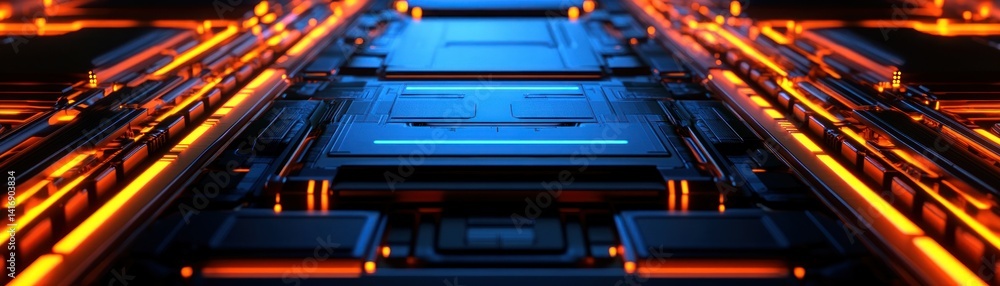 A detailed close up rendering of a modern circuit board design A detailed close up rendering of a modern circuit board design