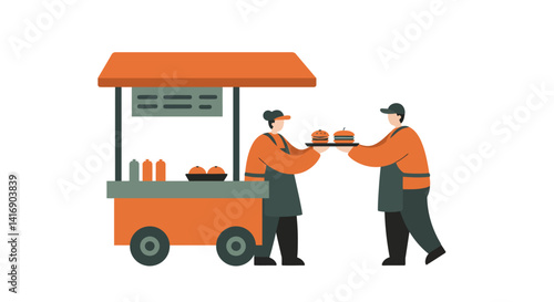 Two male street food vendors exchanging burgers near orange food cart in flat minimal vector art