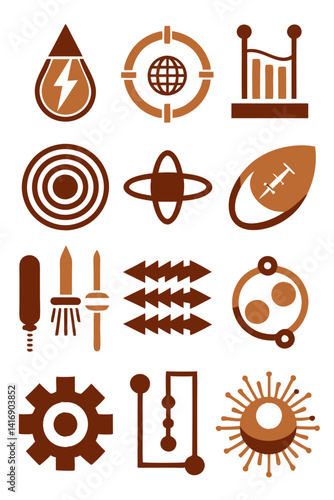 Abstract Business Icons Collection in brown and orange colors