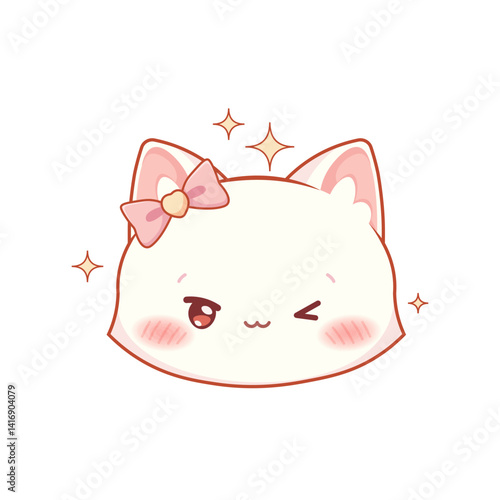 Cute winking white cat. Kawaii kitten on white background. Vector character in anime style