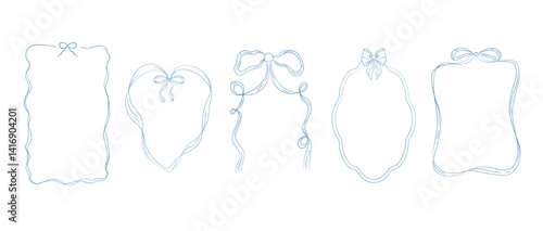 Set of vintage frames with ribbons and retro bows in line style. Collection of vector borders