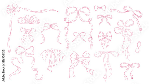 Set of vintage bows in coquette style, retro ribbons outline. Whimsical ribbons, bows on white background. Vector elements