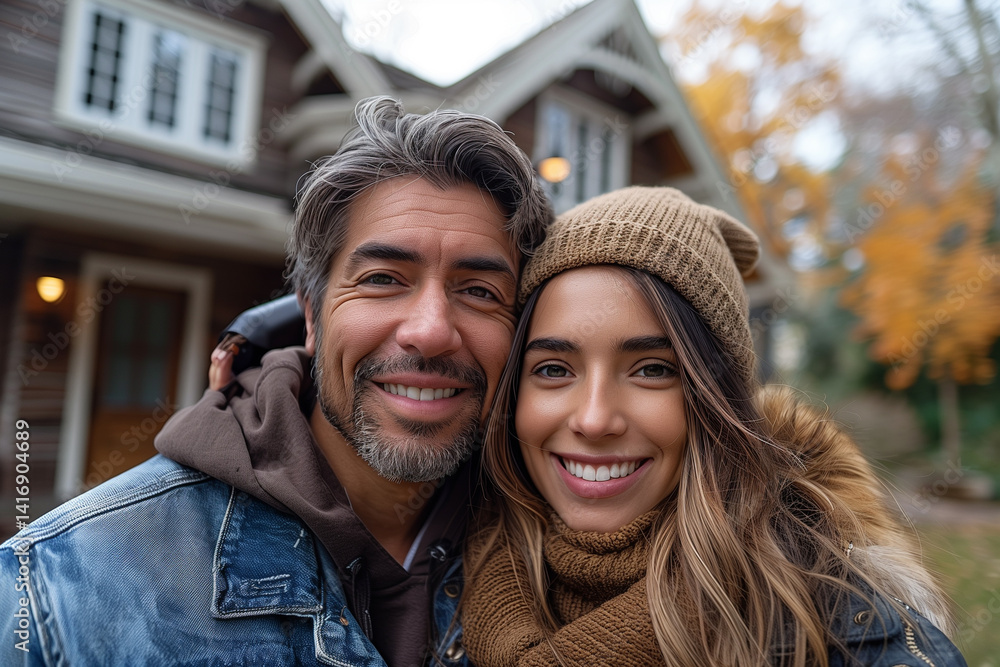 Happy young couple looking at the camera at their house front yard