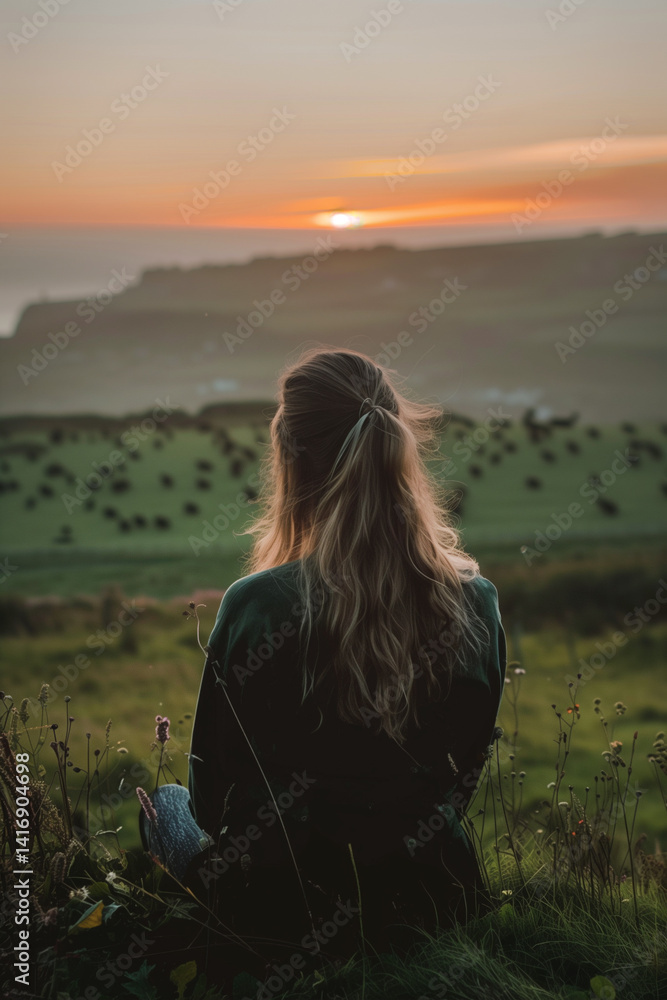 woman meditating on the mountains on the sunrise