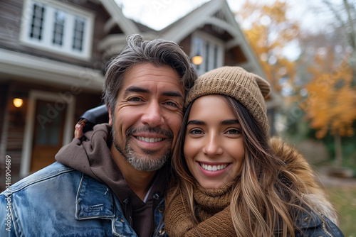 Happy young couple looking at the camera at their house front yard