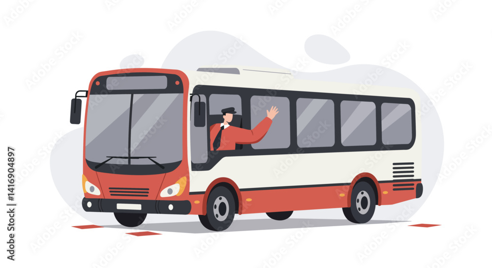 Public transportation bus with driver waving in flat minimal design style vector illustration Public transportation bus with driver waving in flat minimal design style vector illustration