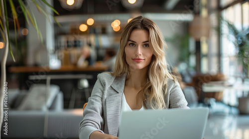 Obraz na płótnie Pensive female helpdesk service agent working on computer at call center. Call center, young woman and smile . Customer service consultant. w salonie
