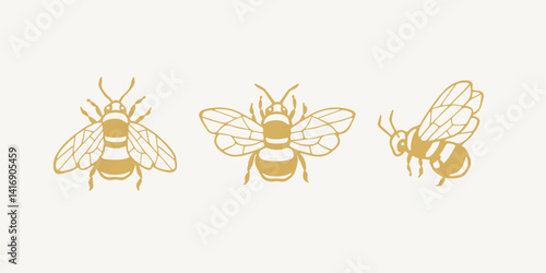 Collection of honey bee illustrations in simple line art style