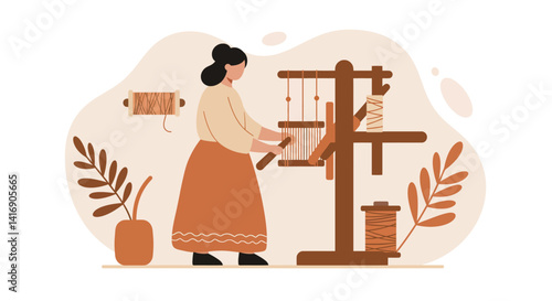 Woman weaving on traditional loom with natural decor in minimal flat design vector illustration