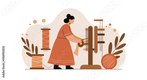 Woman weaving on traditional loom with yarn balls and spools in flat minimal style vector illustration