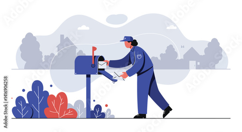 Postal worker in flat design style delivering mail to mailbox in outdoor suburban setting vector illustration