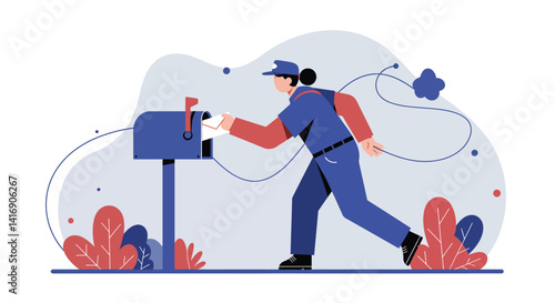 Mail carrier delivering letters in flat minimal style with postbox and outdoor plants vector illustration