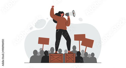 Woman standing on wooden crates with megaphone leading protest crowd holding signs flat minimal vector illustration
