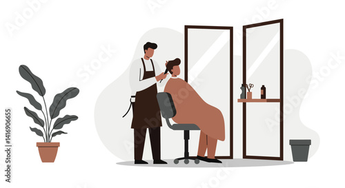 Male barber cutting hair of seated woman client in modern salon with mirror and plant flat minimal vector illustration
