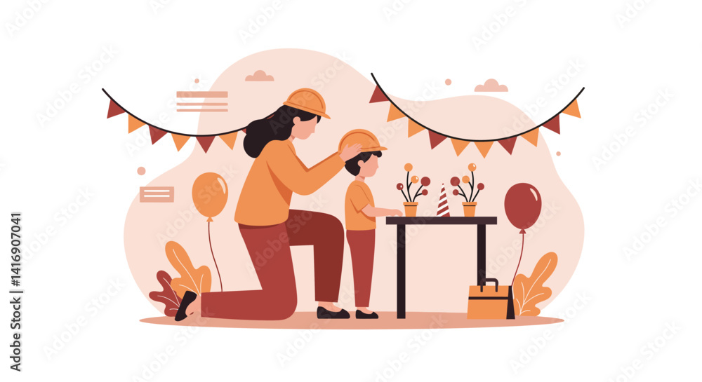 Father and son playing together in warm tones flat design family bonding vector illustration Father and son playing together in warm tones flat design family bonding vector illustration