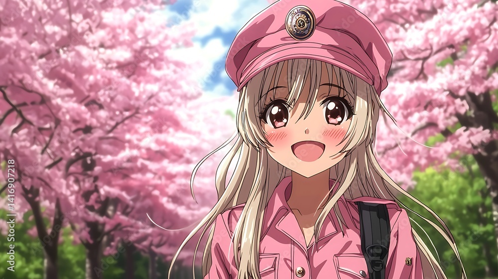 Smiling anime girl in pink uniform beneath cherry blossoms. Smiling anime girl in pink uniform beneath cherry blossoms.