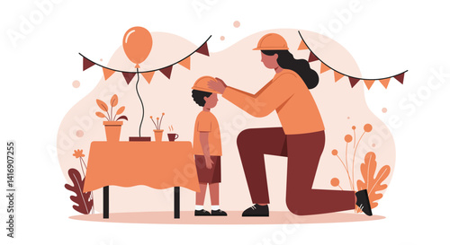 Father and son tying shoelaces together in flat minimal style with toys and gifts nearby vector illustration