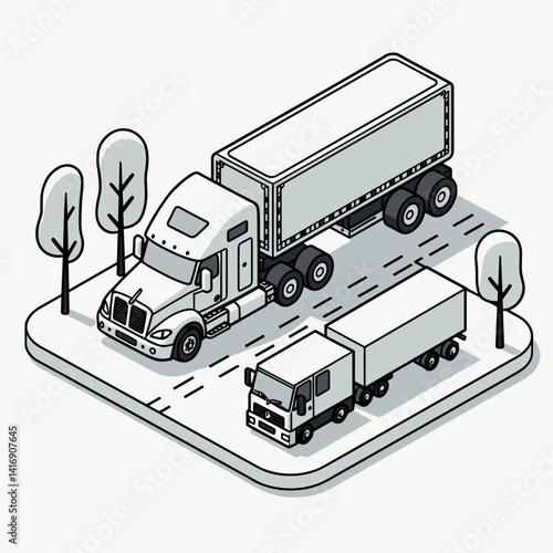 Transport Trucks on Road with Trees for Logistics Blogs, Freight Websites, Delivery Services, Transportation Education, and Marketing Materials