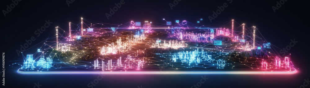 A vibrant digital landscape featuring interconnected nodes and structures, illuminated in neon colors, representing a futuristic network or data visualization. A vibrant digital landscape featuring interconnected nodes and structures, illuminated in neon colors, representing a futuristic network or data visualization.
