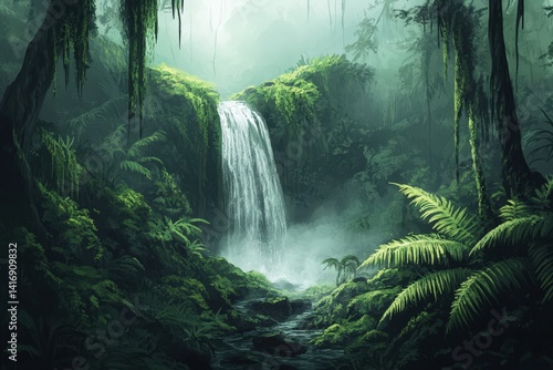 Lush waterfall cascading down mossy rocks in a dense rainforest.