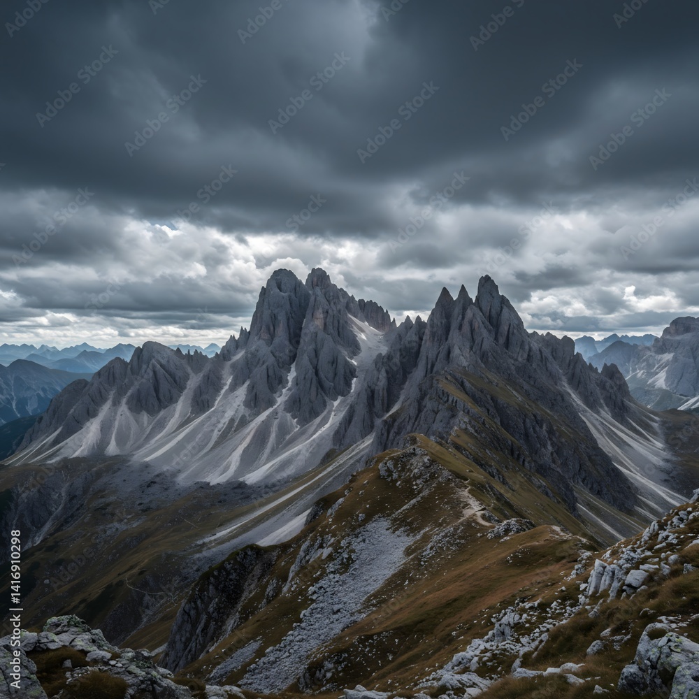 Obraz premium Dramatic Mountain Landscape Rocky Peaks Under Cloudy Sky, Nature Scenery Photography
