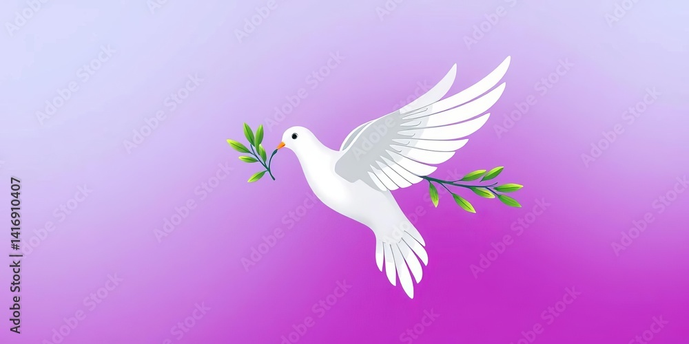 Obraz premium White dove carrying olive branch, vibrant flat design, peace symbol, wildlife, hope
