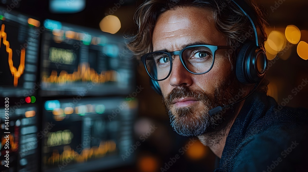 A focused trader multitasking between multiple screens displaying market data A focused trader multitasking between multiple screens displaying market data