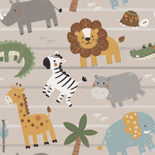 Seamless childish pattern with cute African animals.