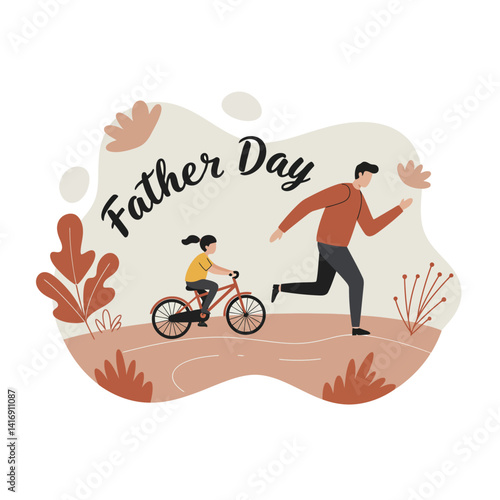 Father teaching daughter to ride bicycle in warm earthy tones flat design vector illustration