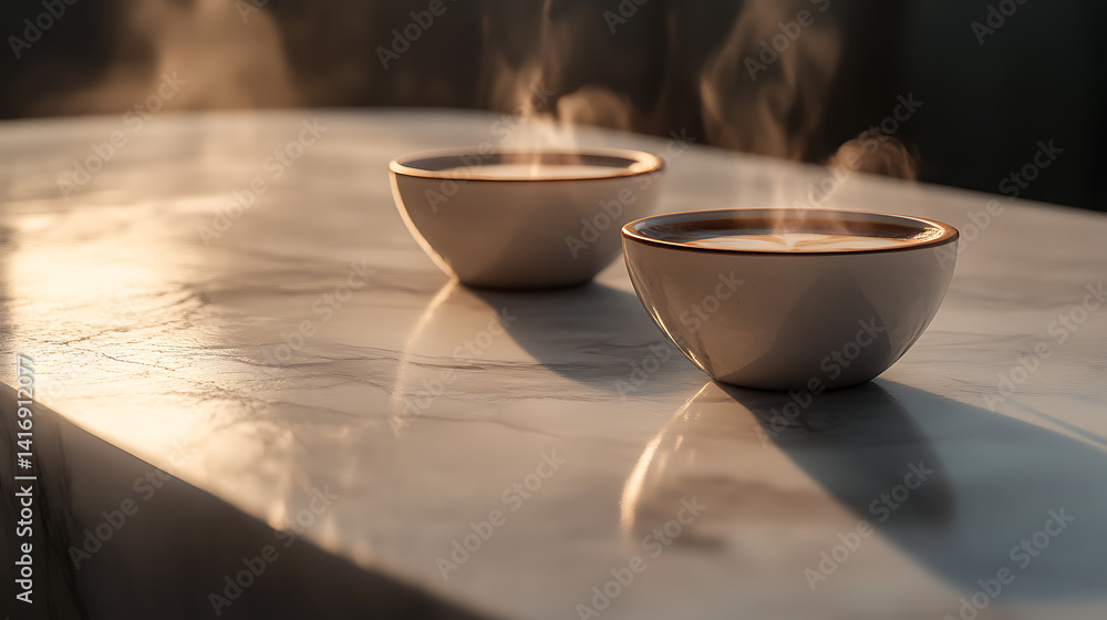 Two steaming bowls of coffee on a marble surface in warm light Two steaming bowls of coffee on a marble surface in warm light