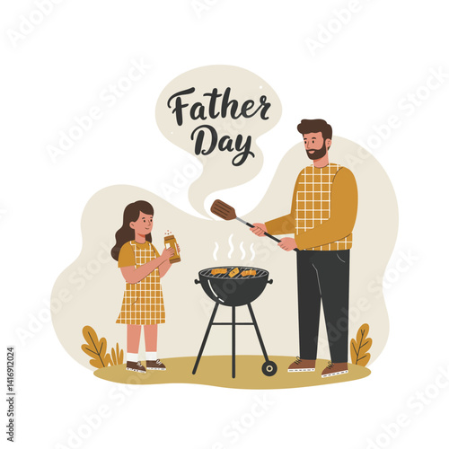 Father and daughter cooking barbecue outdoors in casual clothes flat style happy family vector illustration