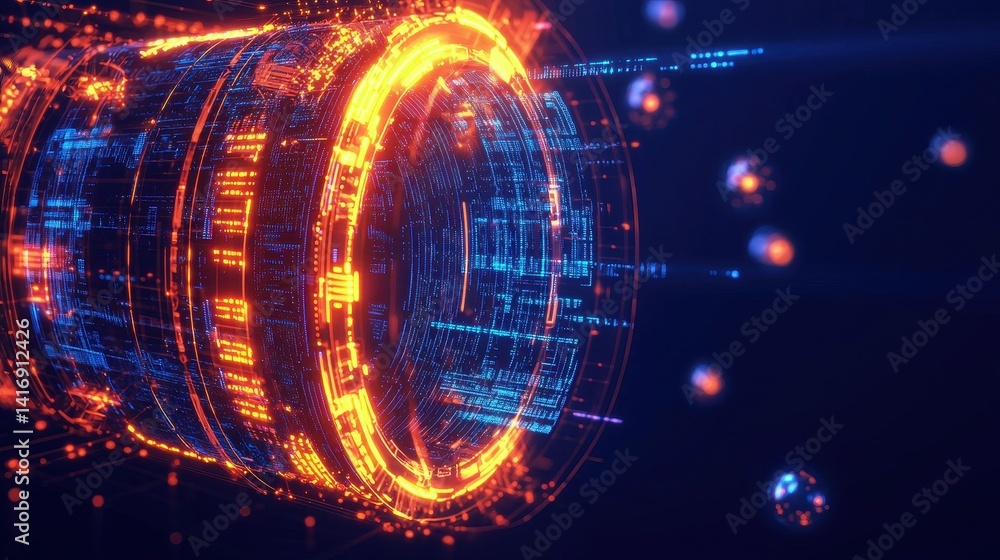 Obraz premium A vibrant, futuristic digital design featuring glowing circular patterns and data streams, evoking themes of technology and innovation.