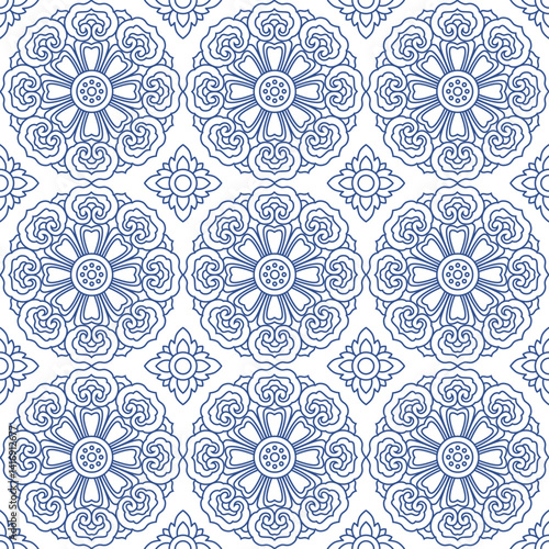 Blue Ornamental Seamless Pattern with Buddhist Wheel of Samsara and Azulejo Tile Motifs for fabric , wallpaper or wrapping paper. Botanical classic elegance print design.