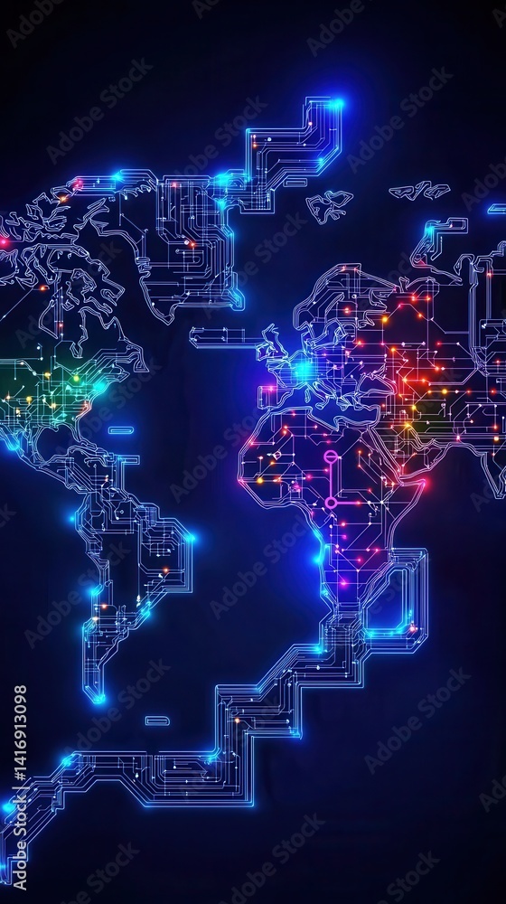 Obraz premium A vibrant digital map of the world, showcasing interconnected lines and nodes, illuminated with colorful lights, representing data or technology.