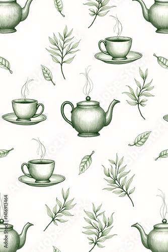 Seamless Vintage Green Tea Pattern with Teapots and Teacups