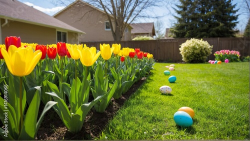 Springtime Cheer: A Vibrant Display of Tulips and Hidden Easter Eggs in a Lush Backyard Garden Setting.