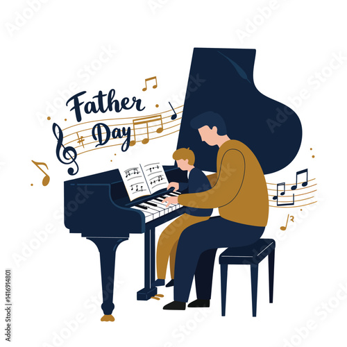 Father and son playing grand piano together with musical notes and Father Day text in flat design vector illustration