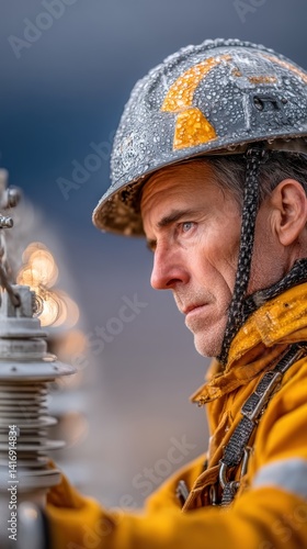 electrical maintenance worker in arc-rated coveralls harnessed to steel tower, insulated hotstick adjusting ceramic insulator clamp, oxidized aluminum crossarm with rust streaks, safety rope swaying