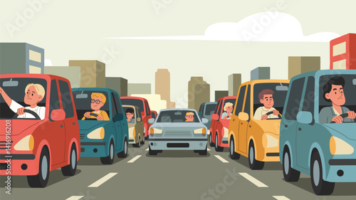 A row of furious drivers in the traffic jam, side view, flat hand drawn vector illustration