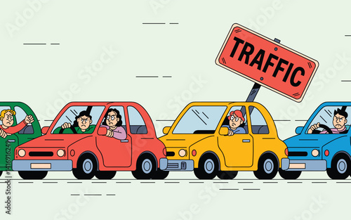 A row of furious drivers in the traffic jam, side view, flat hand drawn vector illustration