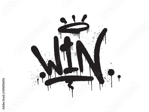 Urban Style Black Graffiti Lettering "WIN" with a Crown Symbol and Spray Paint Texture